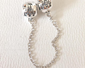 Sterling Silver Disney Castle Safety Chain Charm, European Bead Pandora Bracelets Compatible