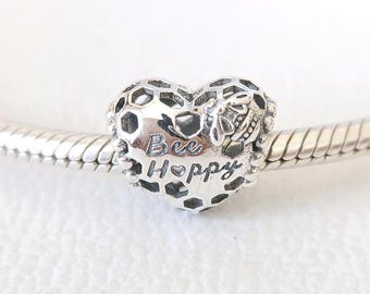 Bee Happy Honeycomb Heart Charm:For Pandora Compatible Charm Bracelet Sterling Silver