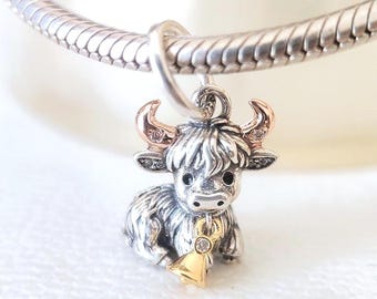 Dije colgante de vaca de las Tierras Altas de Escocia: compatible con pulseras Pandora, joyería hecha a mano, regalo para ella, plata