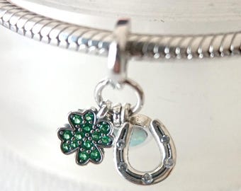 Four Leaf Clover, Heart and Horseshoe Triple Dangle Charm:Fits Pandora Charm Bracelet/Fashion Jewelry/Gift for Her/Handmade/Gift 925 Silver