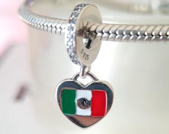 Dije colgante con la bandera de México en forma de corazón: compatible con pulseras Pandora, joyería de moda, regalo para ella, dije hecho a mano, colgante de plata 925.