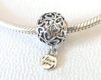 I Love You Hollowed Heart Charm:For Pandora Charm Bracelet Compatible Sterling Silver