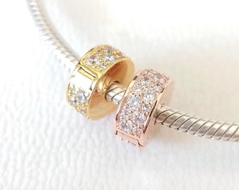 CZ-clipbedel: goud/roségoud, Europese kraal in Pandora-stijl