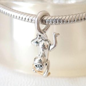 Puede incluir: Un charm de plata que representa un mono colgado boca abajo. El charm está unido a una cadena de plata. El mono tiene una cara detallada y se agarra a una barra dorada. El charm es un colgante.