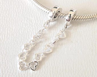 Linked Hearts Slide Safety Chain Charm:Compatible Pandora Charm Bracelet Sterling Silver