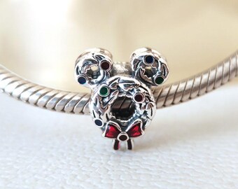 Sterling Silver Disney Mickey Christmas Wreath Charm,Pandora Compatible