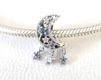 BAMOER 925 Silver Snowflake Dangle Charm With Blue CZ - Fits Ball/Bead Bracelets