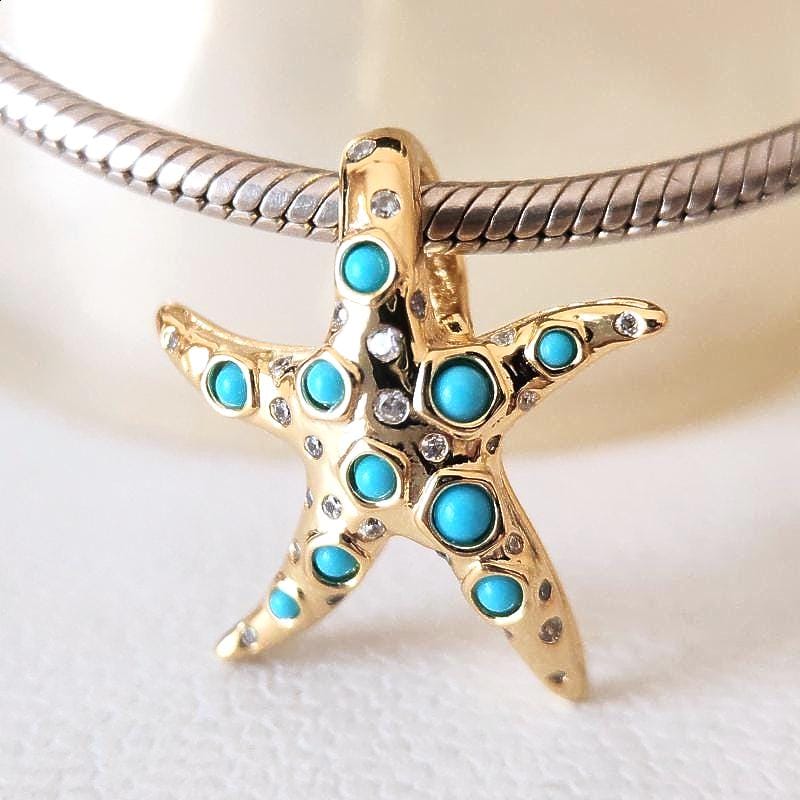 Sparkling Blue Starfish Dangle Charm:fits Pandora Bracelet Gold