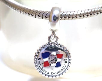 Dominican Republic Flag Dangle Charm:Fits Pandora Charm Bracelet Gift 925 Silver