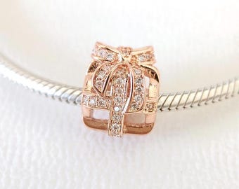Charm de caja de regalo hueca brillante: para pulsera Pandora, charm de oro rosa