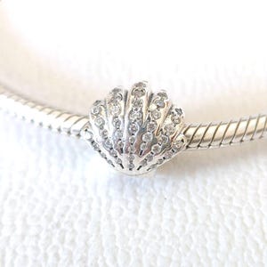 Pode incluir: Um berloque de concha prateada com cristais transparentes. O berloque está preso a uma pulseira de prata. O design da concha é detalhado e capta a luz, criando um efeito brilhante. Esta joia é perfeita para os amantes do oceano.