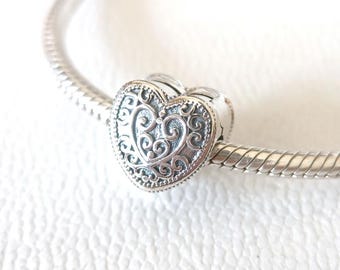 Heart Clip Charm, European Bracelet Pandora Compatible European Bead Sterling Silver