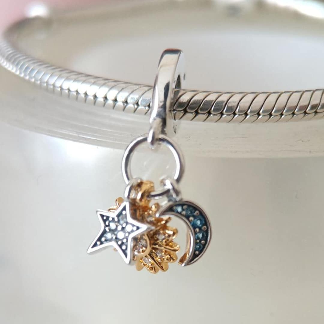 Sun Star Moon 925 Sterling Silver Dangle Charm: Pandora Compatible