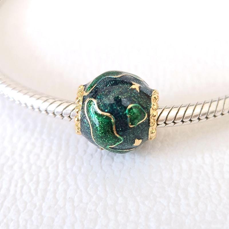 Green Planet Earth Charm:fits Pandora Charm Bracelet Gold Plating