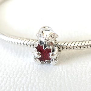 May include: A silver charm featuring a squirrel holding a red maple leaf. The charm is detailed with a polished finish and is designed to be added to a bracelet. The squirrel's fur is detailed, and the leaf has a textured appearance.