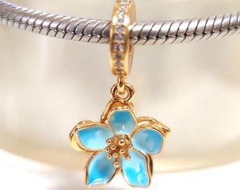 Blue Cherry Blossom Dangle Charm: Fits Pandora Bracelet Jewelry