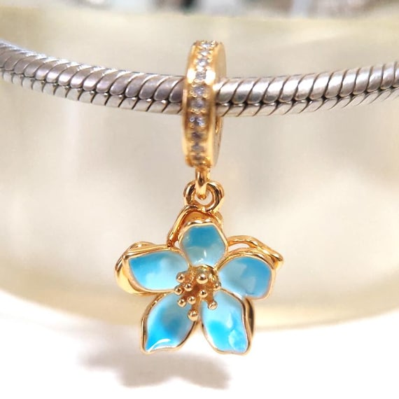 Blue Cherry Blossoms Dangle Charm:fits Pandora Bracelet Gold