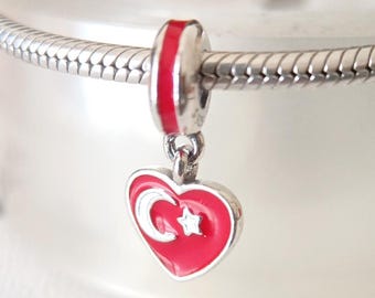 Turkey Heart Flag Dangle Charm:Fits Pandora Charm Bracelet/Fashion Jewelry/Gift for Her/Handmade Charm/Gift 925 Silver Pendant