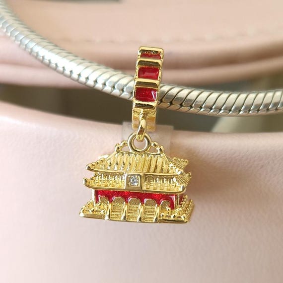 Tiananmen Square Dangle Charm, Gold Plated, for Pandora Compatible