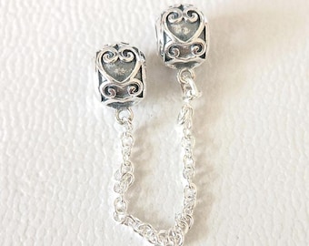 Vintage Carved Heart Thread Safety Chain Charm:Compatible Pandora Charm Bracelet Sterling Silver