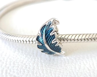 Charm de pluma azul en plata de ley - Compatible con pulseras Pandora