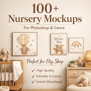 Más de 100 maquetas para guardería en PSD y Canva | Marcos con función de arrastrar y soltar | Maquetas de arte mural para Etsy | Decoración para la habitación del bebé | Descarga digital
