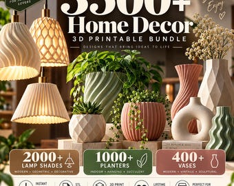 May include: A 3D printable home decor bundle featuring 3500+ designs including lamp shades, planters, and vases. The image displays various geometric and textured lamp shades, green potted plants, and decorative vases in shades of pink and white.