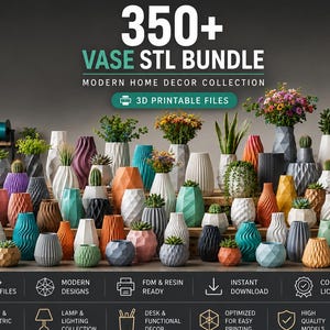 Bundel met meer dan 350 moderne vazen in STL-formaat | 3D-printbare woondecoratiebestanden | Parametrische en minimalistische vazen | Commercieel gebruik | Direct downloaden