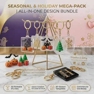 May include: A collection of acrylic keychains featuring seasonal designs like pumpkins, bats, a haunted house, a Christmas tree, and a snowflake, displayed on a gold metal stand. Includes a black square keychain with a gold letter H and various small 3D printed holiday ornaments.
