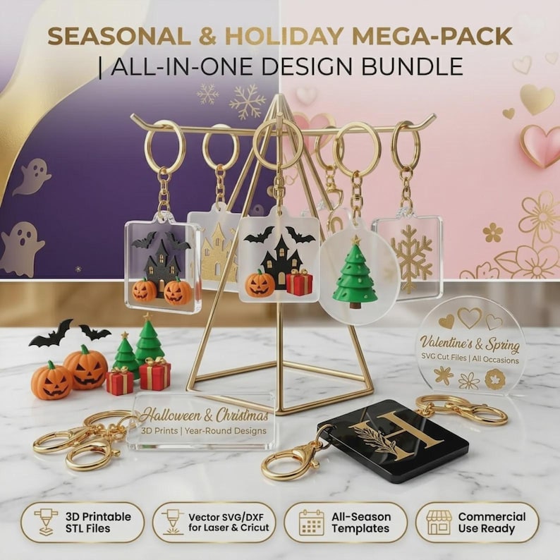 May include: A collection of acrylic keychains featuring seasonal designs like pumpkins, bats, a haunted house, a Christmas tree, and a snowflake, displayed on a gold metal stand. Includes a black square keychain with a gold letter H and various small 3D printed holiday ornaments.