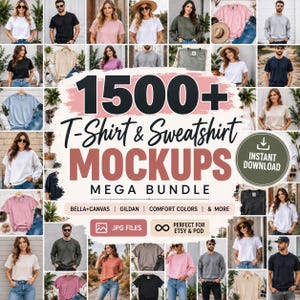 Puede incluir: Una colección digital de 1500+ maquetas de camisetas y sudaderas que muestran a varias personas con ropa de colores lisos en diferentes entornos, con el texto 1500+ T-Shirt & Sweatshirt MOCKUPS MEGA BUNDLE.