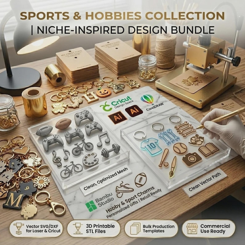 May include: A collection of digital design files for sports and hobby-themed keychains, featuring SVG, DXF, and STL formats. The set includes icons for gaming controllers, musical notes, sports equipment, and bicycles, displayed on acrylic trays.
