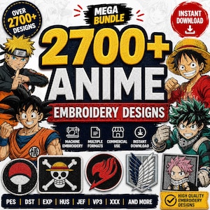 Pakiet ponad 2700 wzorów do haftu anime | Pliki do haftu maszynowego | PES DST exp hus jef VP3 XXX | Natychmiastowe pobranie | Do użytku komercyjnego