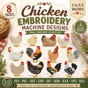Chicken Embroidery Designs Bundle, Farm Chicken Machine Embroidery Files, Rooster & Hen Embroidery Pattern, PES dst jef EXP VP3 HUS, 8 Sizes