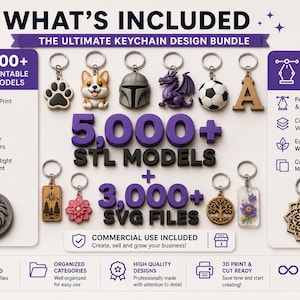 May include: A digital bundle of 5,000+ 3D printable STL models and 3,000+ SVG files for keychains. The image displays various keychain examples including a paw print, dog, helmet, dragon, football, letter A, lion, tree, and floral designs.