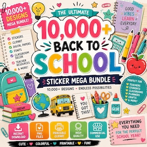 Può includere: Una pubblicità grafica digitale per un mega pacchetto di oltre 10.000 adesivi Back to School. Il design presenta illustrazioni colorate di uno scuolabus, un mappamondo, uno zaino, libri, colla e cancelleria con il testo 10,000+ Back to School.