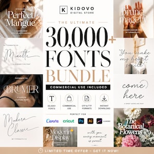 Puede incluir: Un anuncio de producto digital para un paquete de más de 30,000 fuentes de Kidovo Digital Store. El gráfico muestra varios ejemplos de estilos de fuente, incluyendo serif y escrituras a mano, con iconos para uso comercial, formatos OTF y TTF, y descarga instantánea. Incluye logotipos para Canva, Cricut, Photoshop, Illustrator y Procreate.