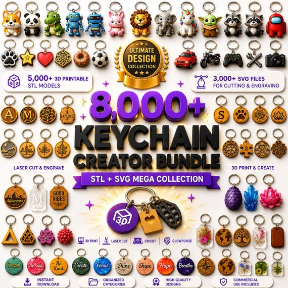 8000+ 3D Keychain STL Bundle + SVG Files | 3D Printing Models | Commercial Use | Instant Digital Download | Cricut & Laser Cut