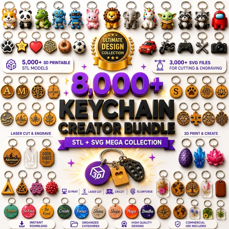May include: A digital collection of 8,000+ keychain designs featuring various 3D printable STL models and SVG files for laser cutting. The image displays numerous keychain examples including animals, shapes, letters, and nature-themed motifs.