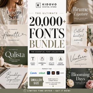 Könnte beinhalten: Eine digitale Produktwerbung für ein Paket mit über 20.000 Schriftarten von Kidovo Digital Store. Die Grafik zeigt verschiedene Schriftbeispiele wie Lustro Serif, Hariette, Qalista, Brooklyn Signature, Brume Ligature und Ventura mit Symbolen.
