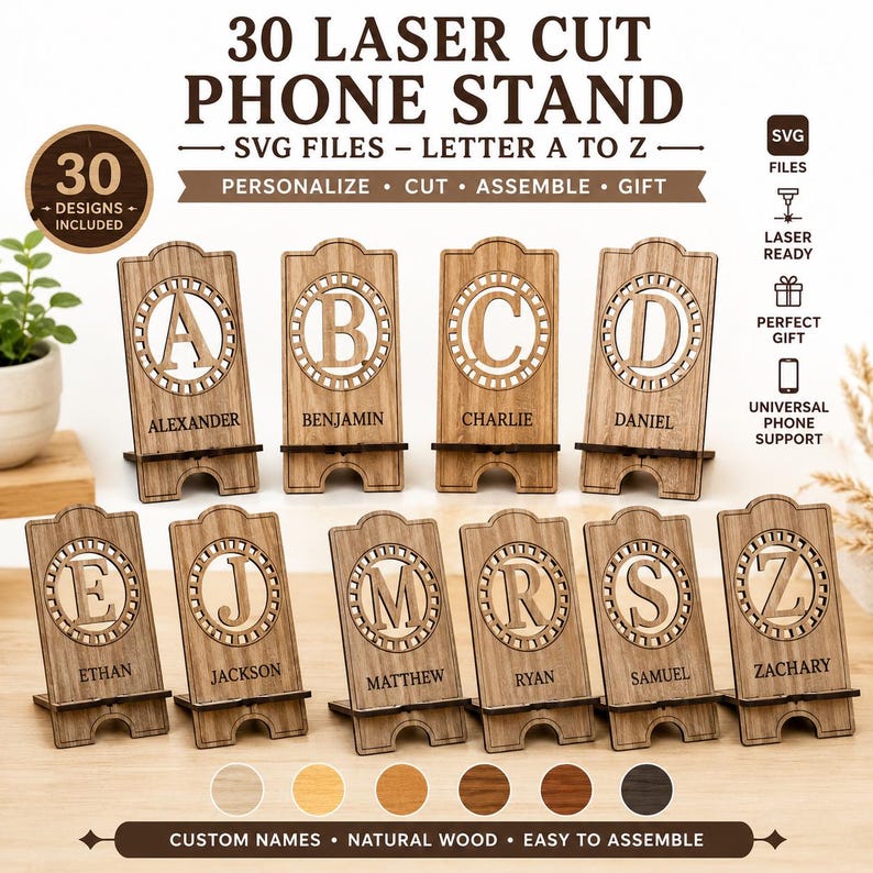 Puede incluir: Una colecci&oacute;n de soportes de madera para tel&eacute;fono cortados con l&aacute;ser con monogramas circulares, letras de la A a la Z y nombres personalizados. El texto dice 30 LASER CUT PHONE STAND, SVG FILES, LETTER A TO Z, PERSONALIZE, CUT, ASSEMBLE, GIFT.