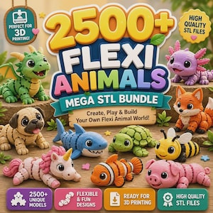 Puede incluir: Una colección digital de más de 2500 archivos STL imprimibles en 3D de animales articulados, incluyendo un dragón verde, un ajolote morado, un pug, un tiburón azul, una tortuga verde, un zorro naranja, una abeja, un unicornio rosa, un pez payaso y un cerdito rosa.