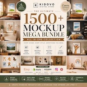 Könnte beinhalten: Eine digitale Produktwerbung für das 1500+ Mockup Mega Bundle von Kidovo Digital Store. Die Grafik enthält Text, Symbole und eine Collage von Innenraumszenen, die verschiedene Wandkunst-Drucke zeigen, darunter Tiere und Landschaften.