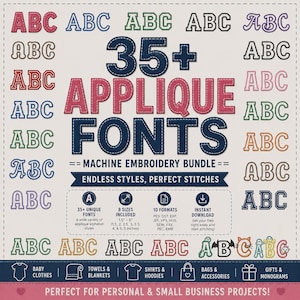35 Embroidery Fonts Bundle | Machine Embroidery Alphabet PES | Applique Lettering Designs | 8 Sizes | Instant Download