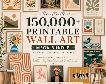 Könnte beinhalten: Eine digitale Sammlung von über 150.000 druckbaren Wandkunstdateien mit verschiedenen Designs, darunter Sonnenstrahlen, Blumenarrangements, Landschaften, abstrakte Formen und klassische Kunstdrucke, präsentiert mit Text auf neutralem Hintergrund.