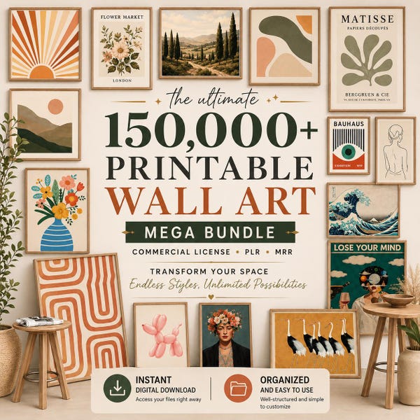 Paquete de más de 150.000 láminas imprimibles para pared | Licencia comercial PLR MRR | Pósteres vintage abstractos bohemios | Arte para enmarcar y decorar televisores | Descarga digital instantánea