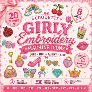 Può includere: Una collezione digitale di 20 disegni per ricamo a macchina con icone come arcobaleno, ciliegie, coccinella, caramella, chiave, profumo, scarpa col tacco, occhiali a cuore, lucchetto, farfalla, bacchetta, diamante e corona con il testo Coquette Girly Embroidery.