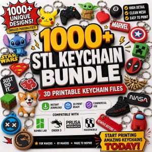May include: A digital collection of 1000+ STL keychain files for 3D printing, featuring various pop culture characters, logos, and symbols. The display includes colourful keychain examples like Pikachu, Stitch, a game controller, and NASA logo.