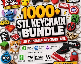 Może przedstawiać: Cyfrowa kolekcja ponad 1000 plików STL breloków do druku 3D, zawierająca różne postacie, logotypy i symbole popkultury. Obraz przedstawia kolorowe przykłady, takie jak Pikachu, Stitch, kontroler do gier oraz logo NASA.