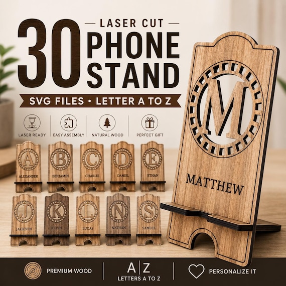 30 Laser Cut Phone Stand SVG Bundle | A-Z Letter Phone Holder | Personalized Wooden Stand SVG | Laser Cut Files | Glowforge xTool SVG